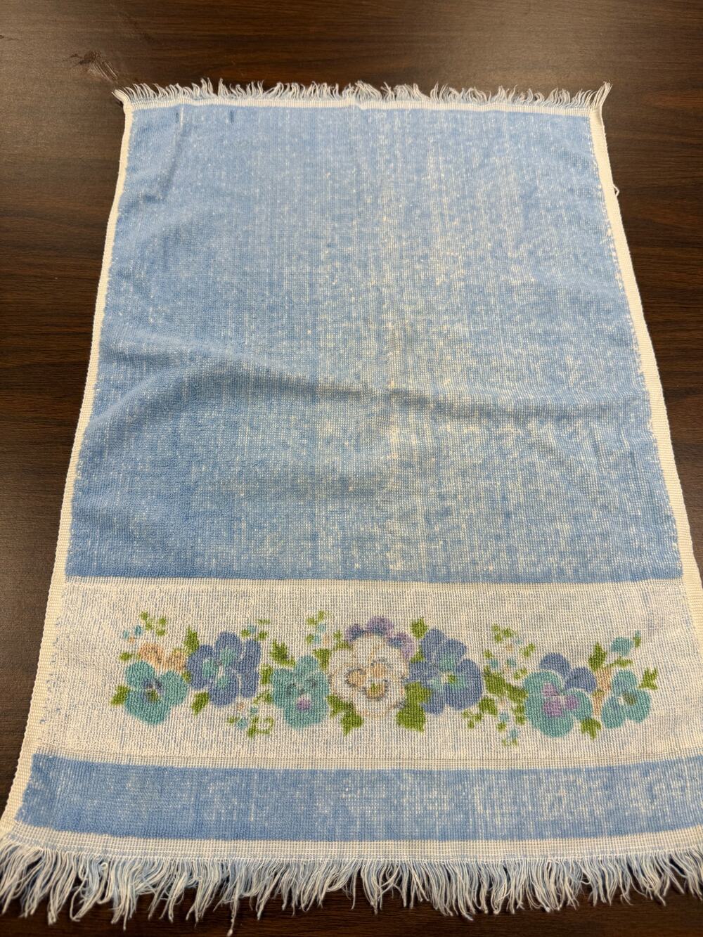 Vintage Blue Floral Fringe Hand Towel Cottage Bathroom Guest Decor 16x23 READ